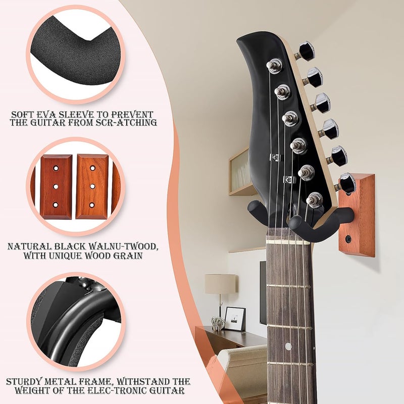 DOMMI Guitar Wall Mount 4 Pack, Guitar Hanger with Rotatable Soft Hook for All Size Guitars, Hardwood U-Shaped Guitar Holder Wall Mount for Acoustic, Electric Guitar, Bass (Mahogany) - Image 4
